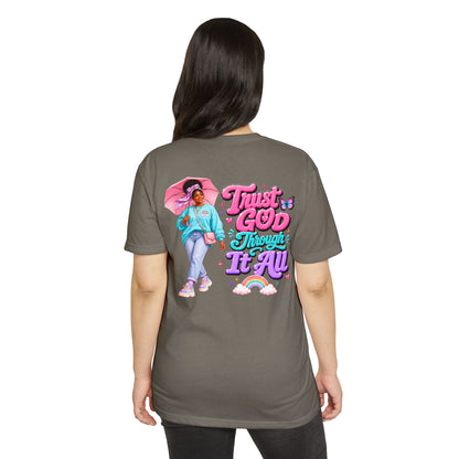 Trust God Through It All T-Shirt — Inspirational Faith Tee with Colorful Girl Illustration