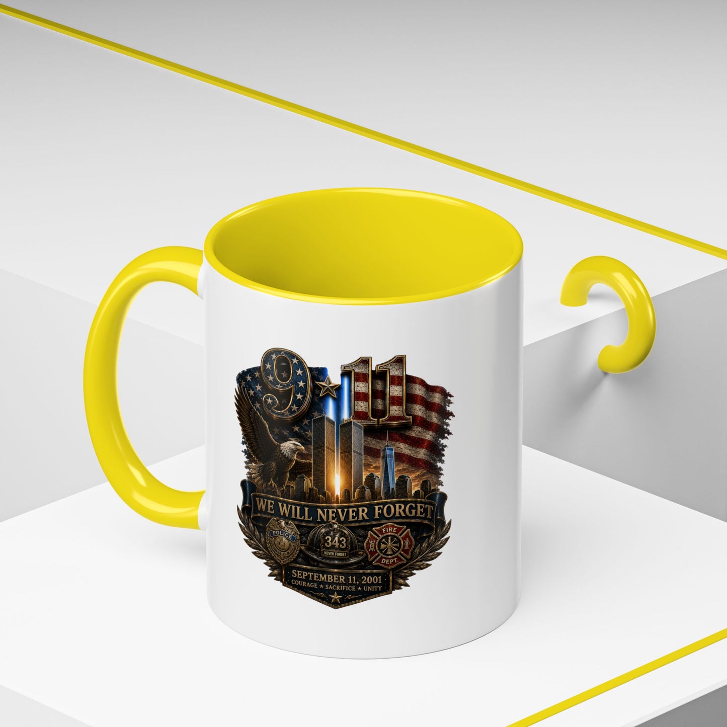 We Will Never Forget 9/11 Memorial Coffee Mug — Patriotic Tribute Accent Mug