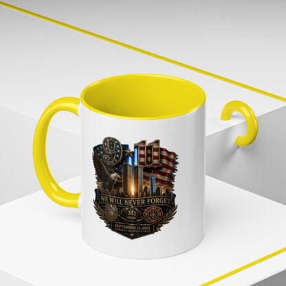 We Will Never Forget 9/11 Memorial Coffee Mug — Patriotic Tribute Accent Mug