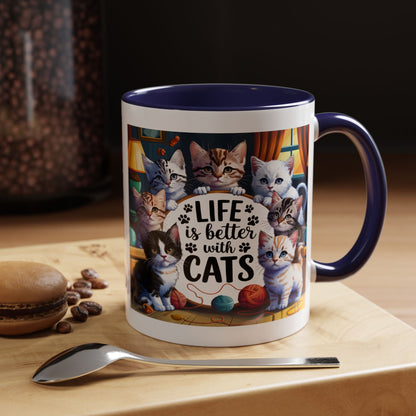 Life Is Better With Cats Accent Coffee Mug – Cute Kitten Cat Lover Gift (11/15oz)