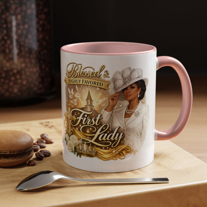 First Lady Inspirational Coffee Mug — "Blessed & Highly Favored" Accent Ceramic Mug