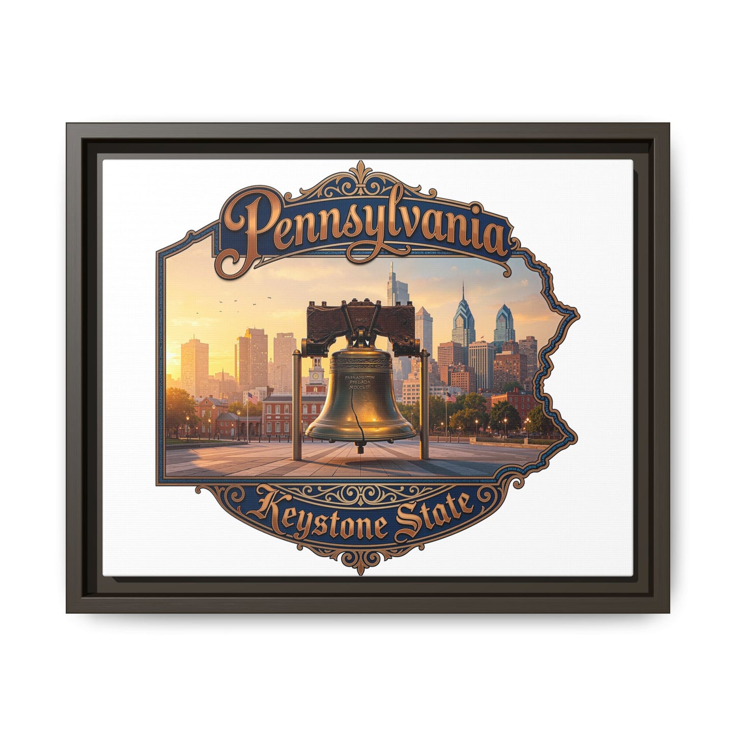 Pennsylvania Keystone State Framed Canvas Wall Art — Liberty Bell & Philadelphia Skyline