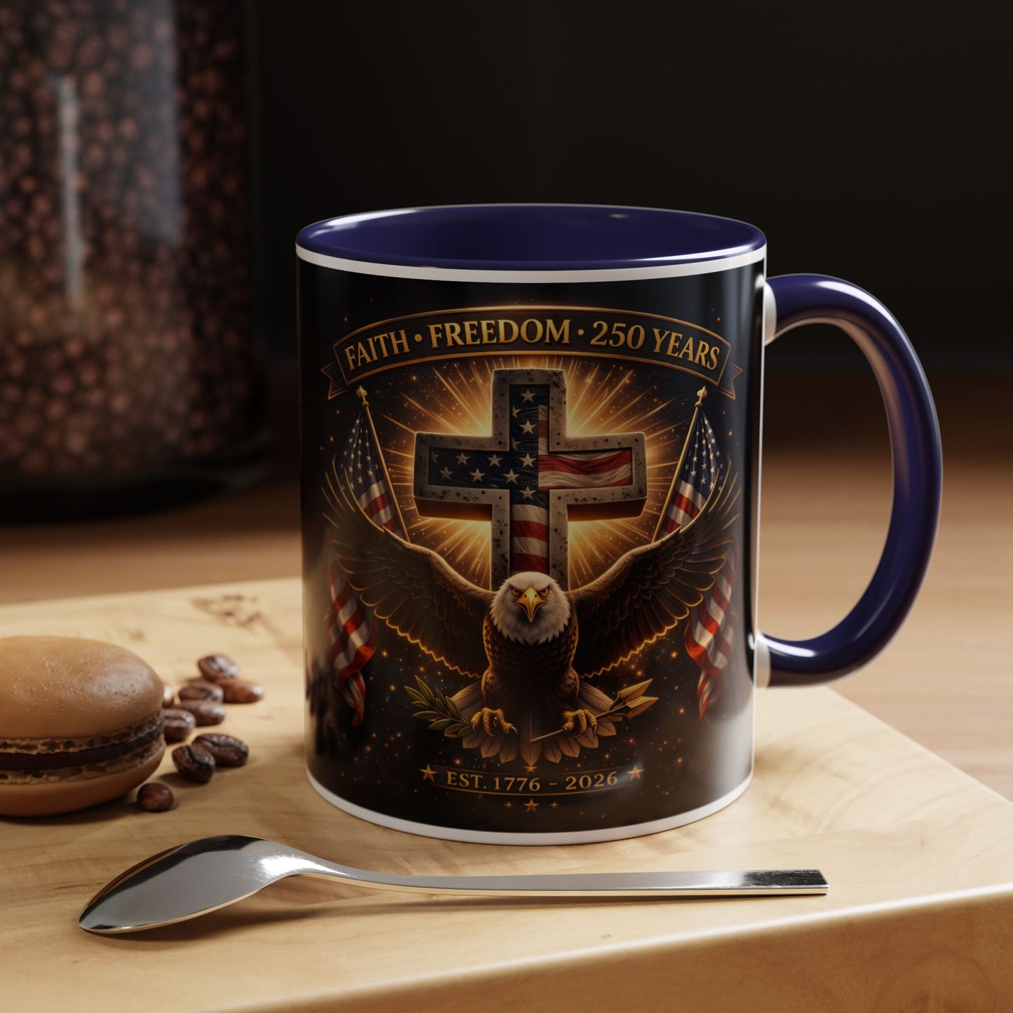 Patriotic Faith & Freedom Accent Coffee Mug — Eagle, Cross & American Flag (1776–2026)