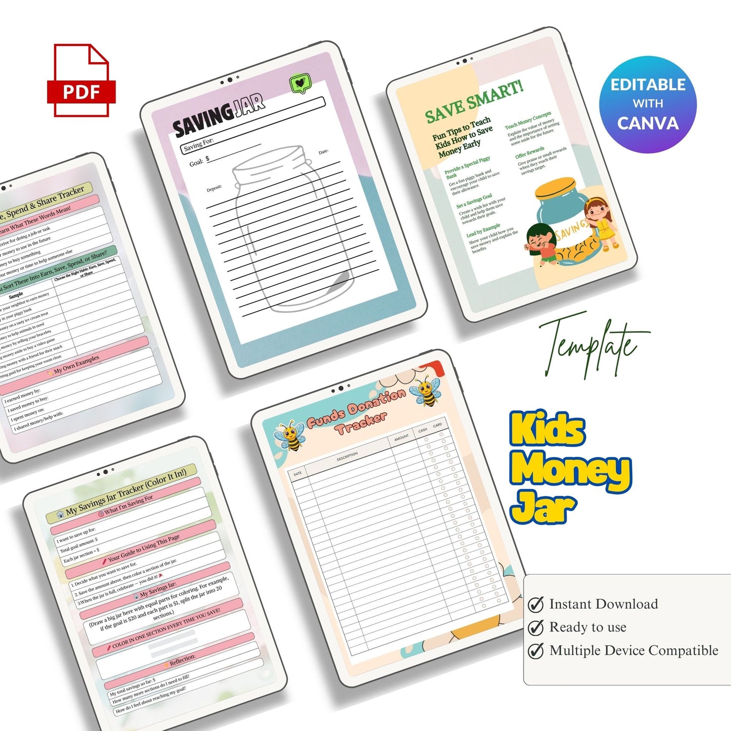 Kids Money Jar Printable | Save, Spend & Give Financial Learning System for Children
