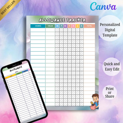 Kids Allowance Chart Printable | Money Management & Savings Tracker for Children