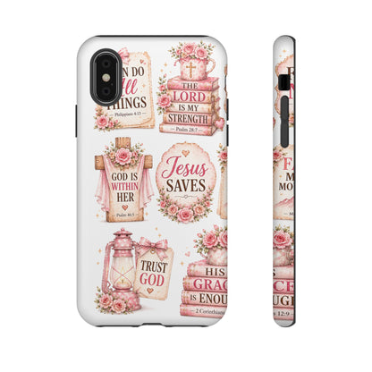 Christian Phone Case — Jesus Saves Floral Tough Case with 'God Is Within Her' & 'Trust God' Design
