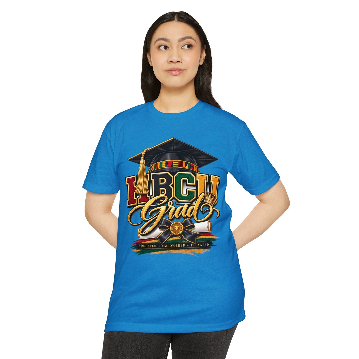 HBCU Grad T-Shirt — Black Graduation Cap & Kente Design