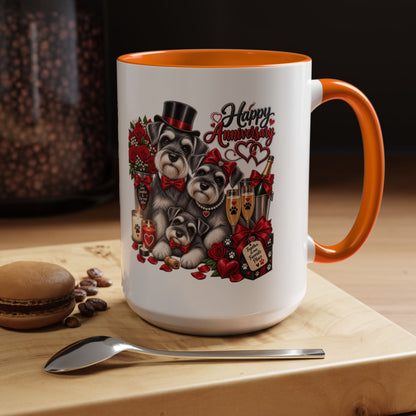 Happy Anniversary Dog Coffee Mug — Cute Pups, Champagne & Roses Accent Mug