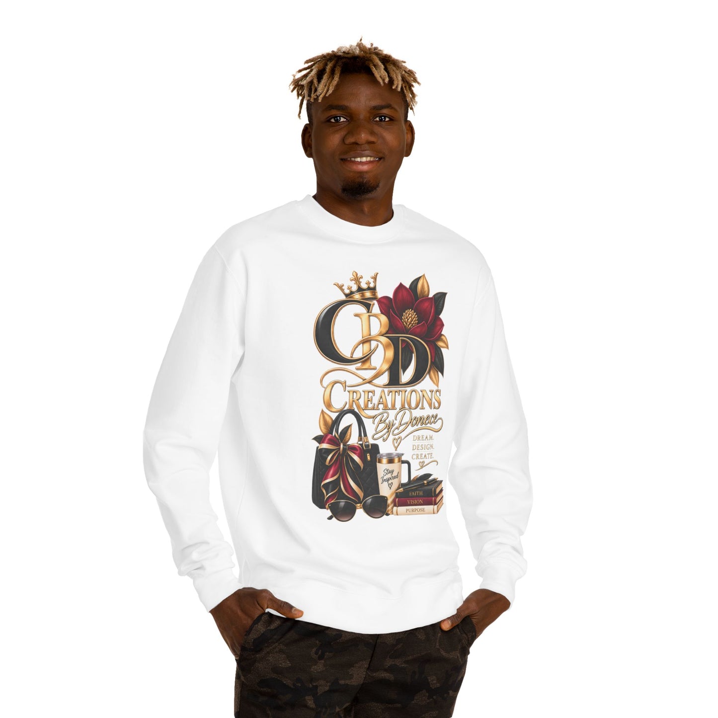Crewneck Sweatshirt — CBD Creations Boutique Logo Graphic (Crown, Flowers, Books & Coffee)