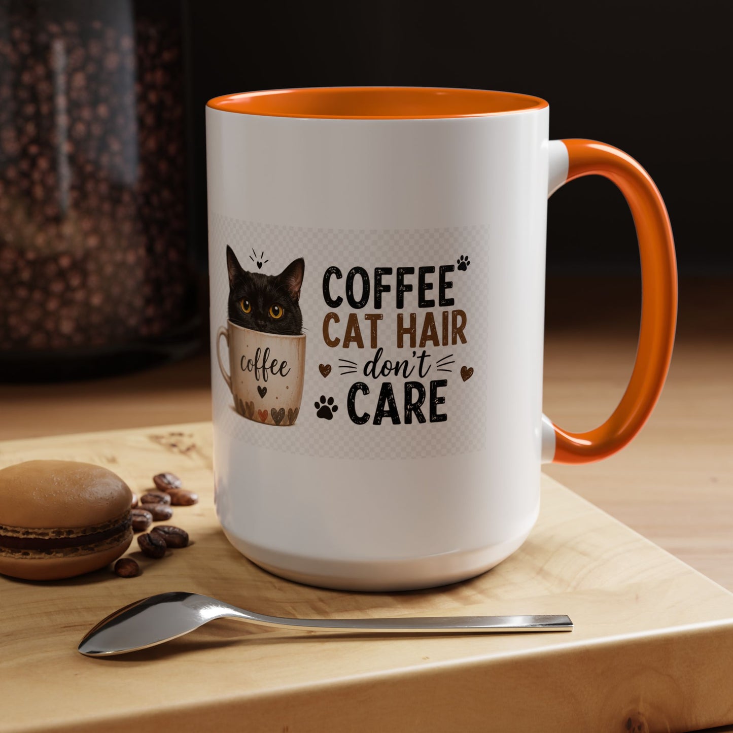 Coffee & Cat Hair Mug — "Coffee, Cat Hair, Don't Care" Accent Ceramic Coffee Mug (11/15oz)