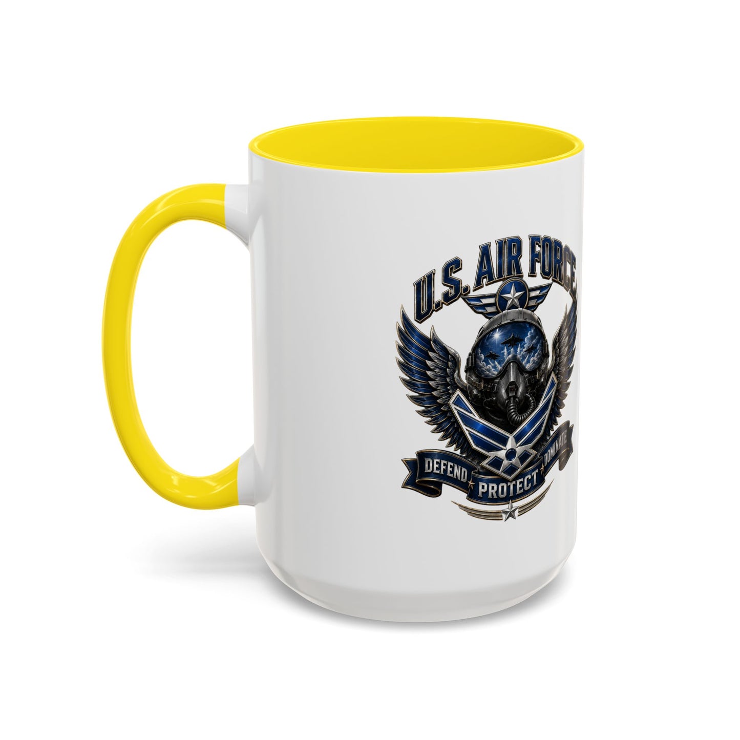 U.S. Air Force Emblem Accent Coffee Mug — Defend Protect Dominate (11/15oz)