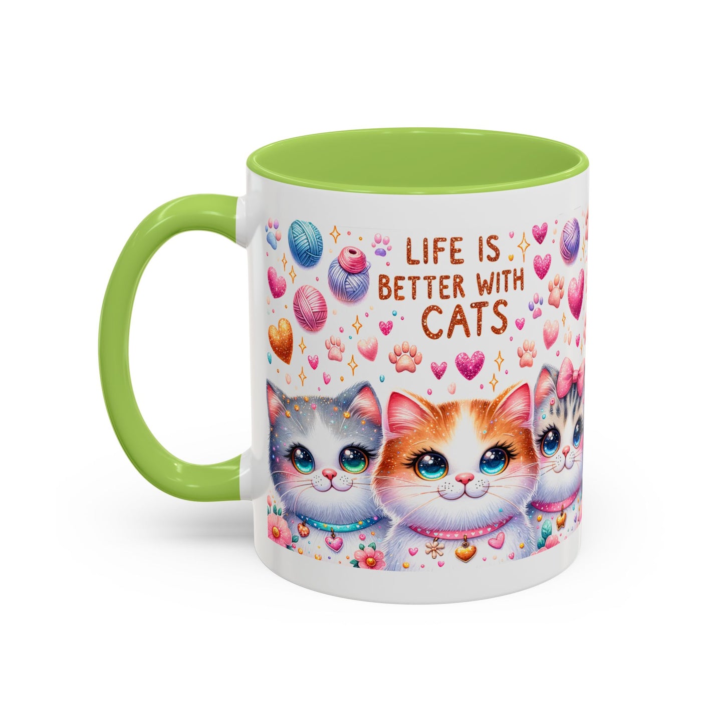 Cat Lover Accent Coffee Mug — "Life Is Better With Cats" Cute Kittens Design (11/15oz)