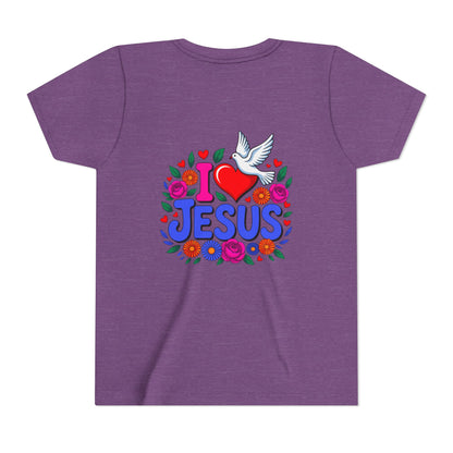 Youth Tee — "I  Jesus" Colorful Dove & Floral Christian Shirt