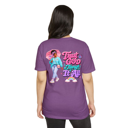 Trust God Through It All T-Shirt — Inspirational Faith Tee with Colorful Girl Illustration