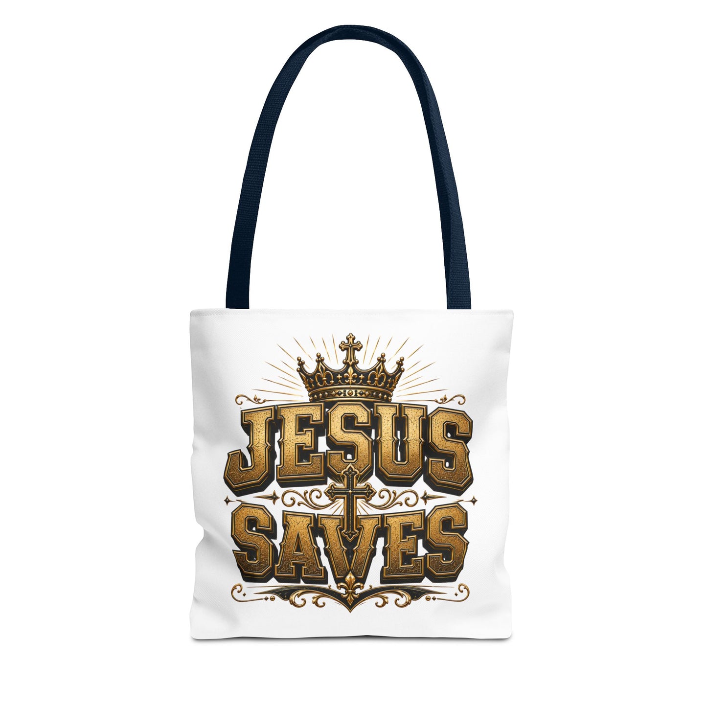 Jesus Saves Tote Bag — Christian Gospel Canvas Carryall with Crown & Cross Design