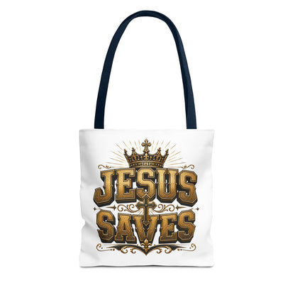 Jesus Saves Tote Bag — Christian Gospel Canvas Carryall with Crown & Cross Design