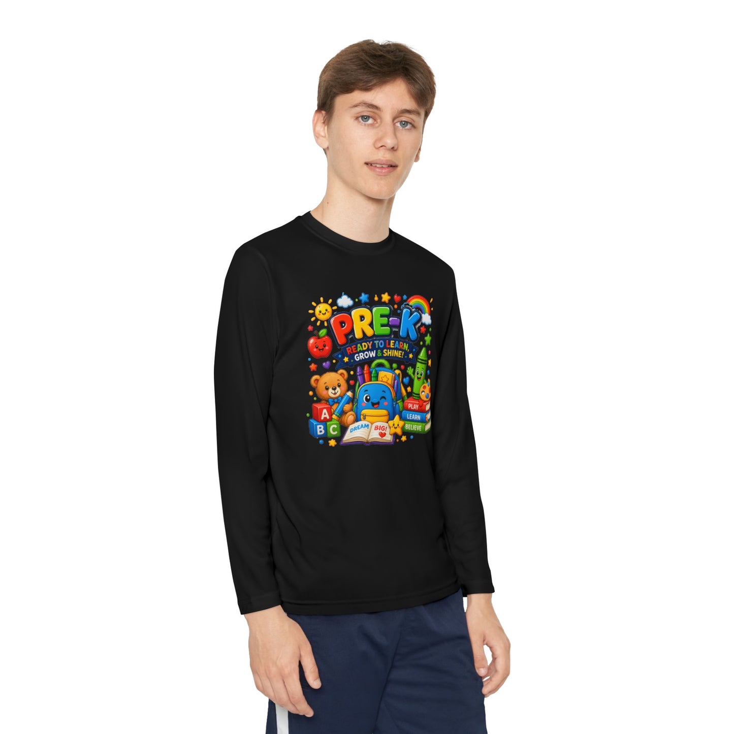 PRE-K Kids Long Sleeve Tee — Back-to-School Preschool Shirt ("Ready to Learn, Grow & Shine")