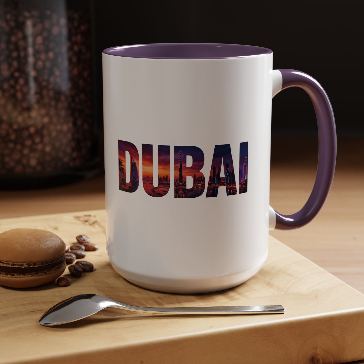 Dubai Skyline Accent Coffee Mug — Sunset City Photo Text (11/15oz)
