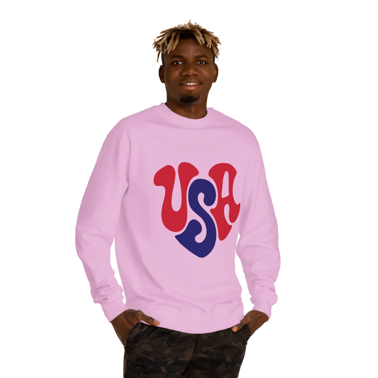 USA Heart Crewneck Sweatshirt — Retro Red & Blue Patriotic Pullover