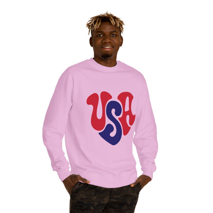 USA Heart Crewneck Sweatshirt — Retro Red & Blue Patriotic Pullover