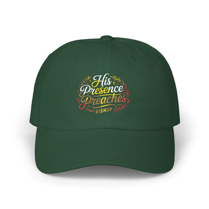 Dad Cap — “His Presence Creates” Floral Script Embroidered Hat