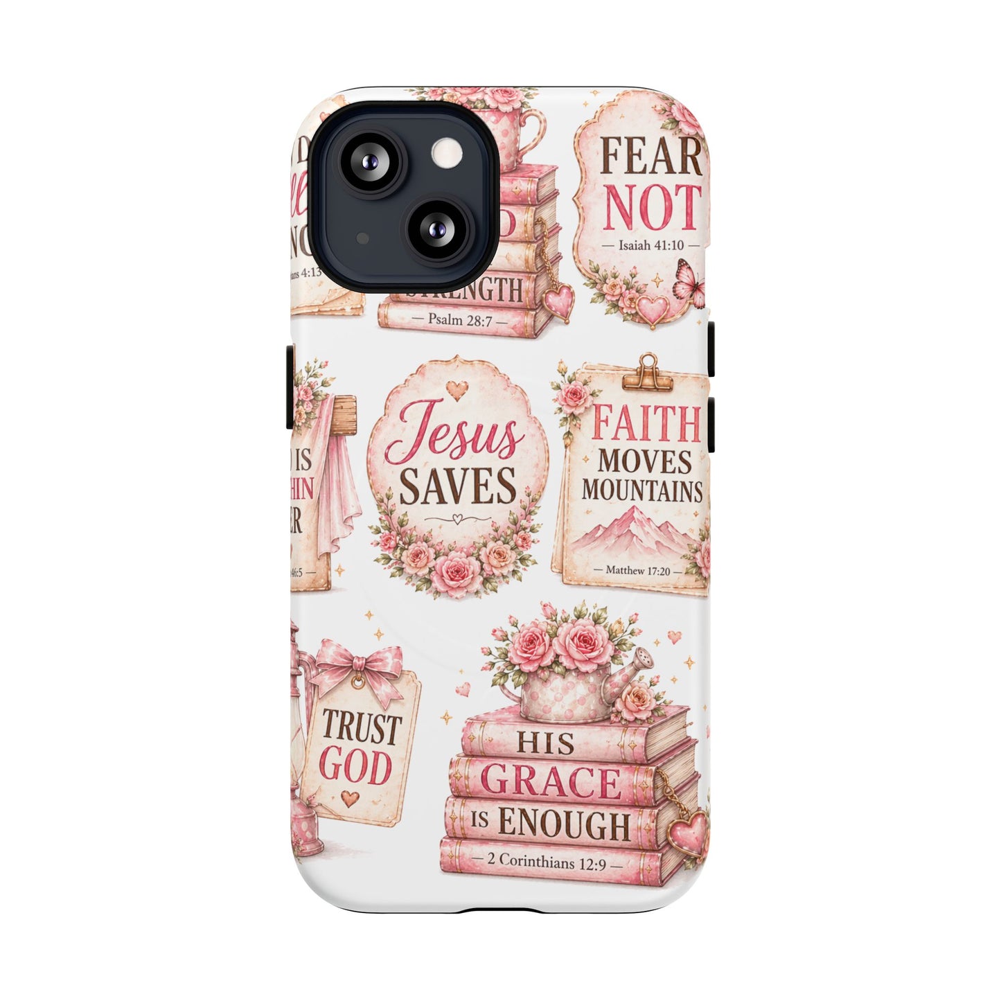 Christian Faith iPhone Tough Magnetic Case — 'Jesus Saves' Floral Scripture Design (Fear Not, Faith Moves Mountains)