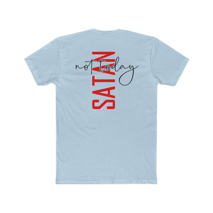 Crew Tee — "No Today Satan" Vertical Red Text Graphic T‑Shirt