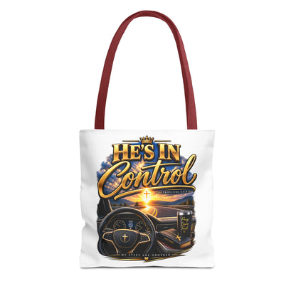 He's In Control Christian Tote Bag — Faith-Inspired Inspirational Grocery & Daily Carry AOP