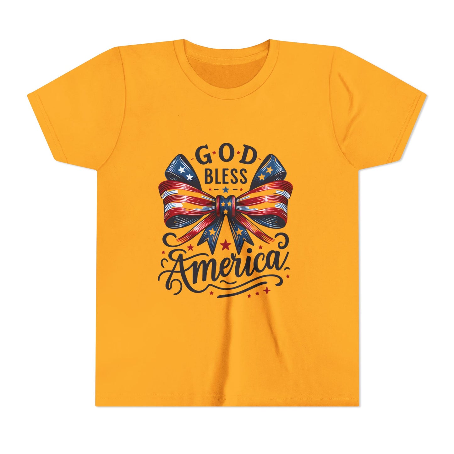 Youth Tee — "God Bless America" Patriotic Bow T-Shirt (4th of July, Memorial Day)