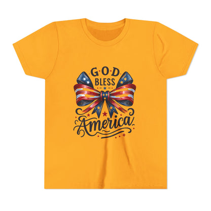 Youth Tee — "God Bless America" Patriotic Bow T-Shirt (4th of July, Memorial Day)