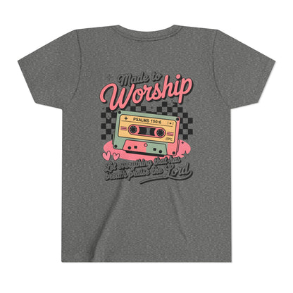Made to Worship Youth Tee – Retro Cassette Christian Kids Shirt (Psalms 100:4)