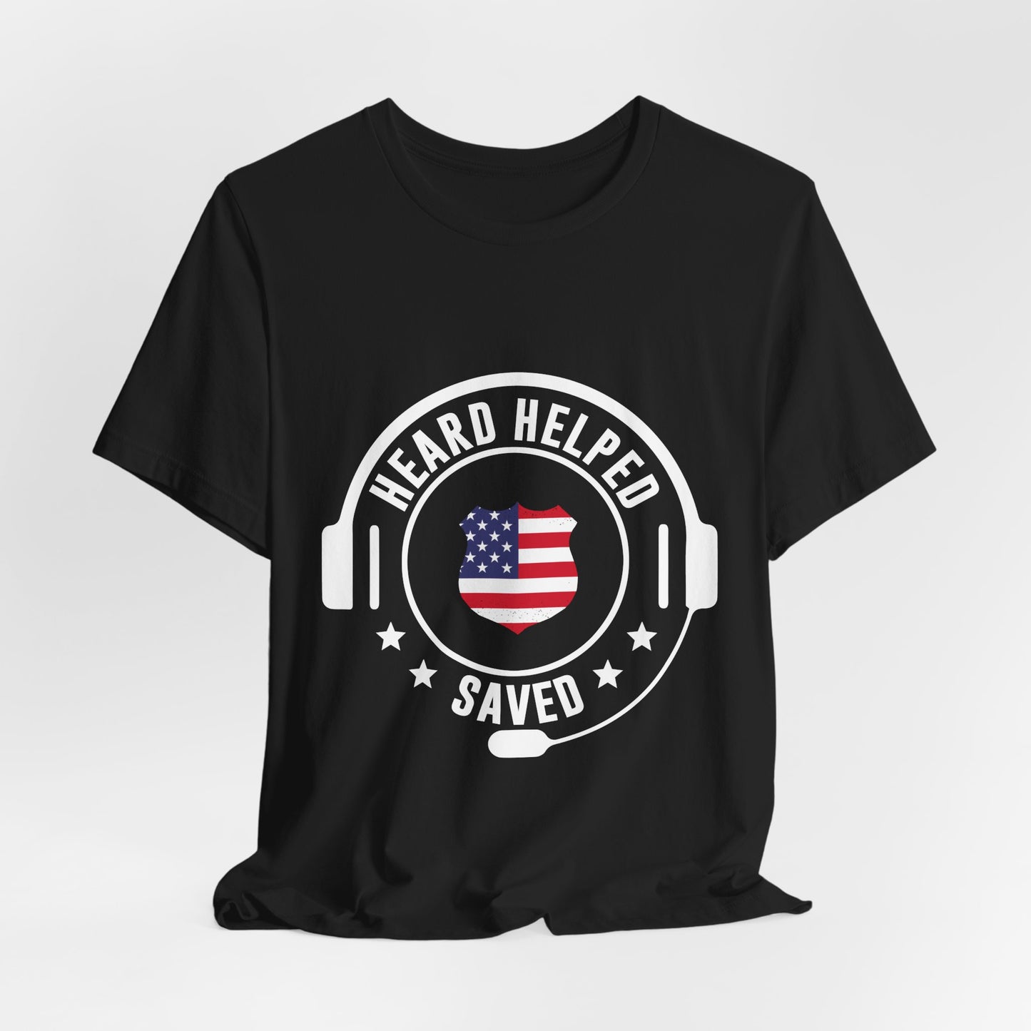 Headset Logo T-Shirt — "Heard Helped Saved" American Flag Design