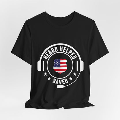 Headset Logo T-Shirt — "Heard Helped Saved" American Flag Design