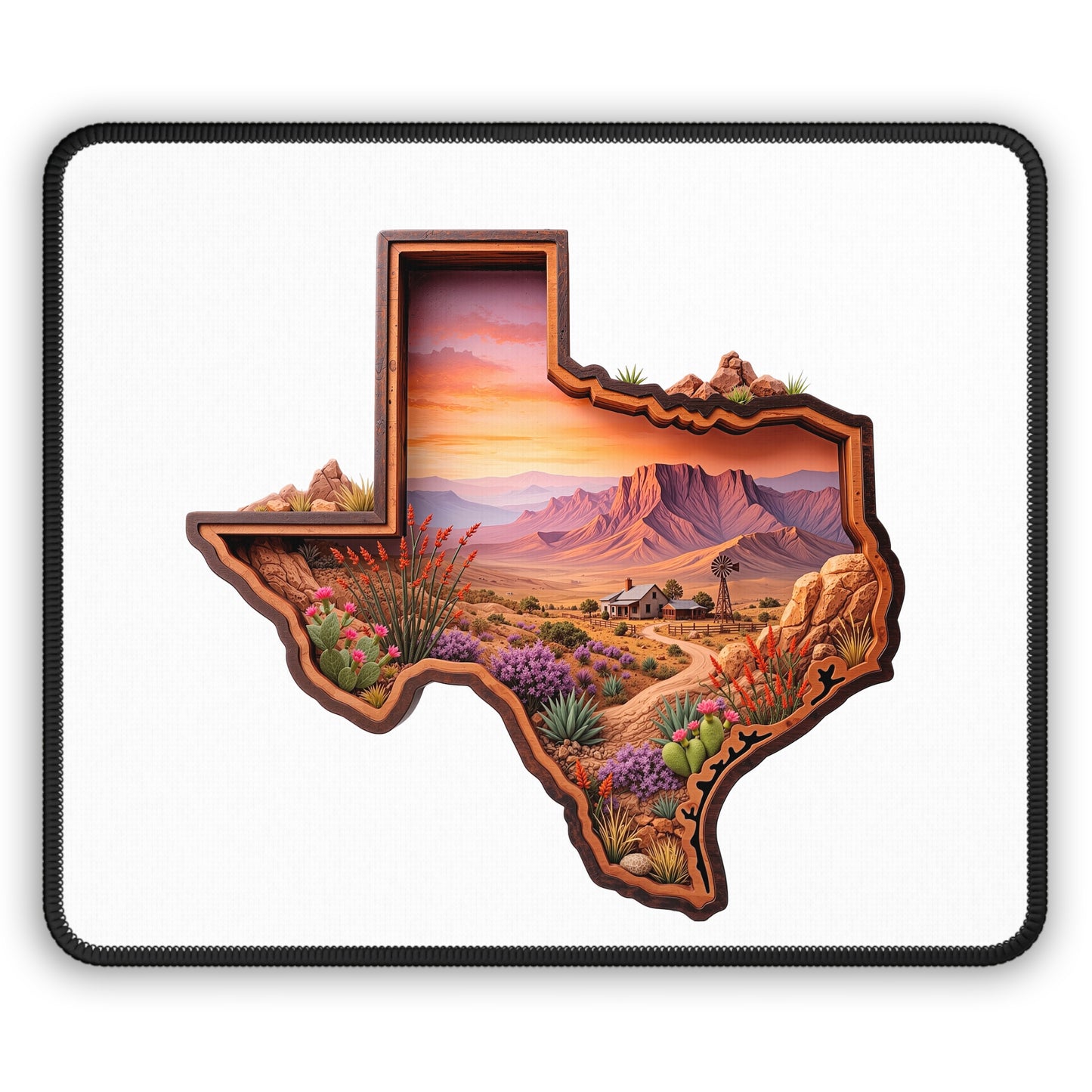 Texas Desert Landscape Gaming Mouse Pad — Scenic Sunset State Silhouette