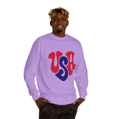 USA Heart Crewneck Sweatshirt — Retro Red & Blue Patriotic Pullover