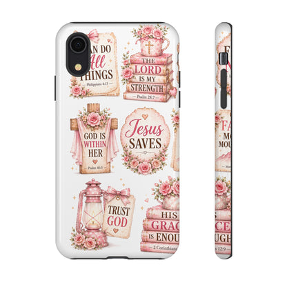Christian Phone Case — Jesus Saves Floral Tough Case with 'God Is Within Her' & 'Trust God' Design