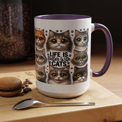 Cat Lover Coffee Mug — “Life Is Better With Cats” Accent 11/15oz