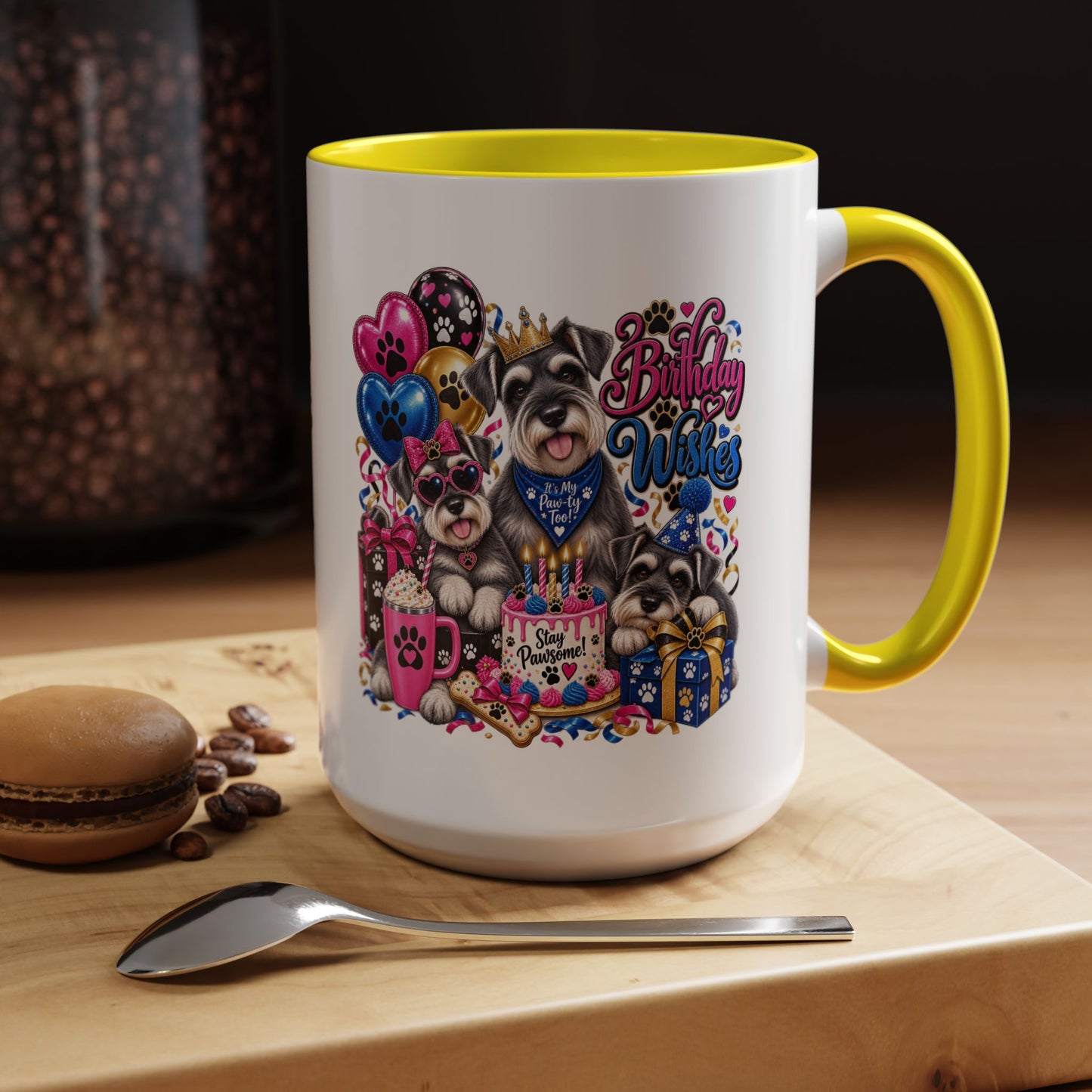 Birthday Wishes Dog Coffee Mug — Cute Paw Print Celebration Mug (11/15oz)