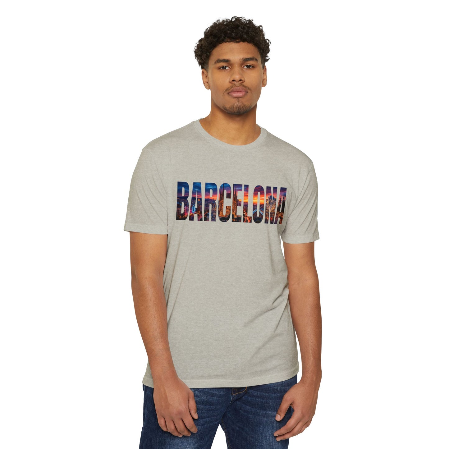 Barcelona Cityscape T‑Shirt — Scenic Sunset Lettering Travel Tee