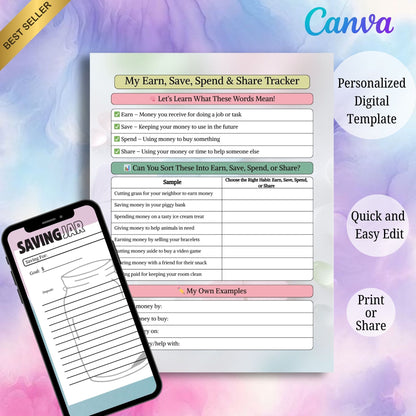 Kids Money Jar Printable | Save, Spend & Give Financial Learning System for Children