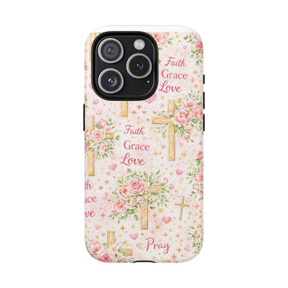 Christian Floral Cross Phone Case — "Faith Grace Love" Tough Magnetic Case