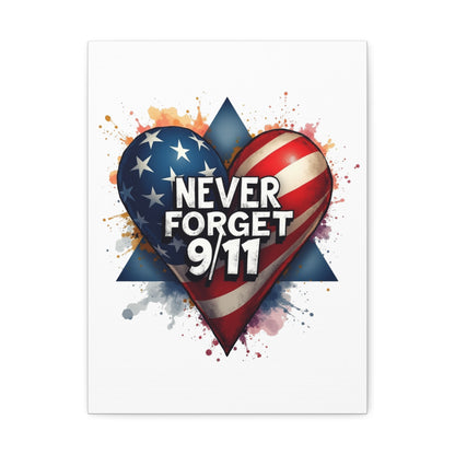 Never Forget 9/11 American Flag Heart Stretched Canvas