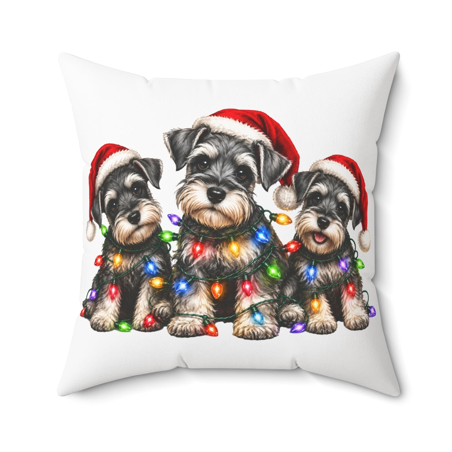 Schnauzer Puppies Christmas Pillow - Holiday Dogs with Santa Hats & String Lights Decorative Pillow