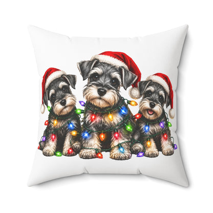 Schnauzer Puppies Christmas Pillow - Holiday Dogs with Santa Hats & String Lights Decorative Pillow