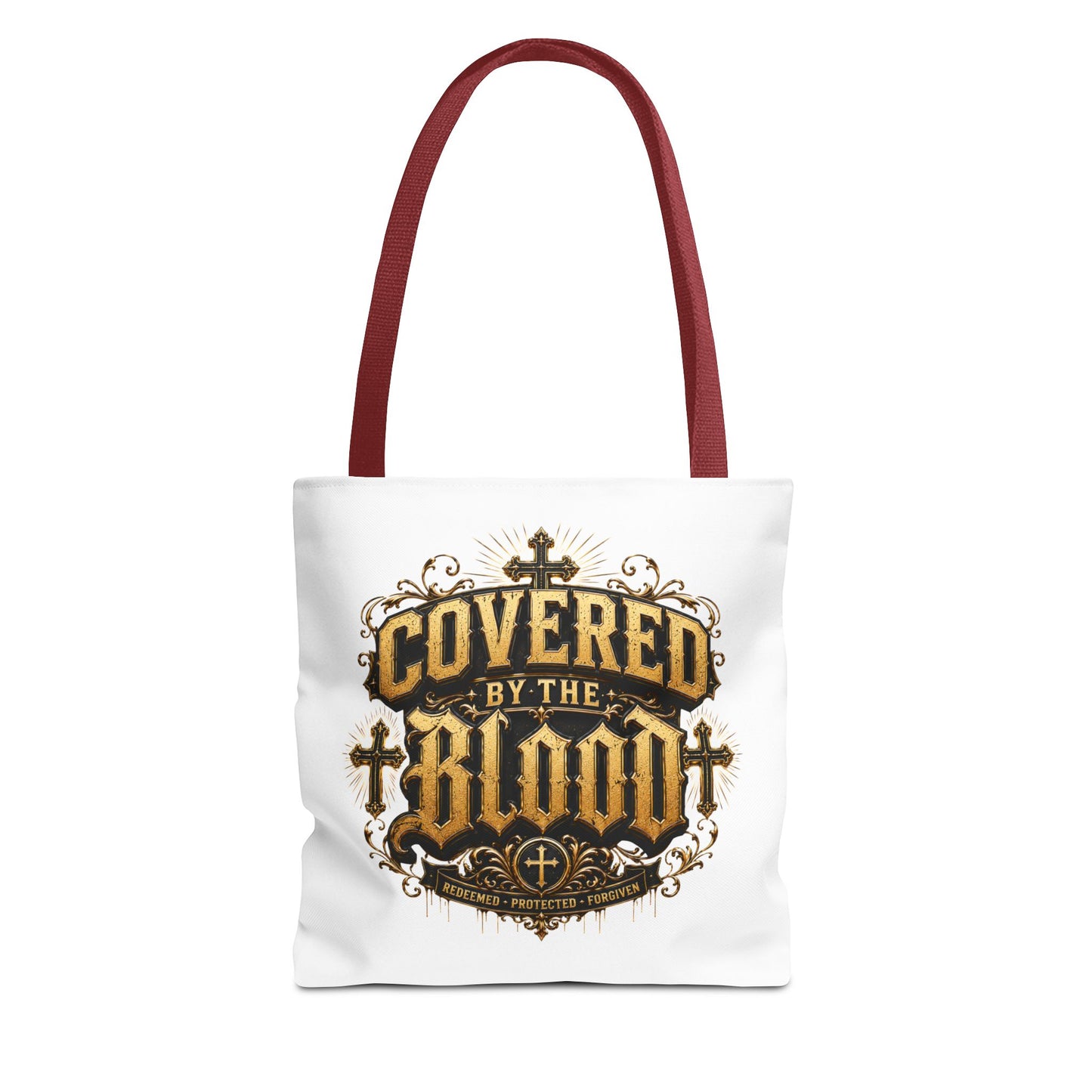 Covered by the Blood Tote Bag — Christian Cross Faith Canvas Tote