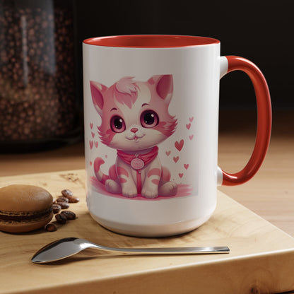 Pink Cute Kitten Coffee Mug — Cute Cat Accent Mug with Hearts (11/15oz)