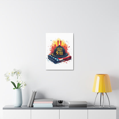 Never Forget 9/11 Stretched Canvas – Memorial Firefighter Helmet & American Flag Wall Art