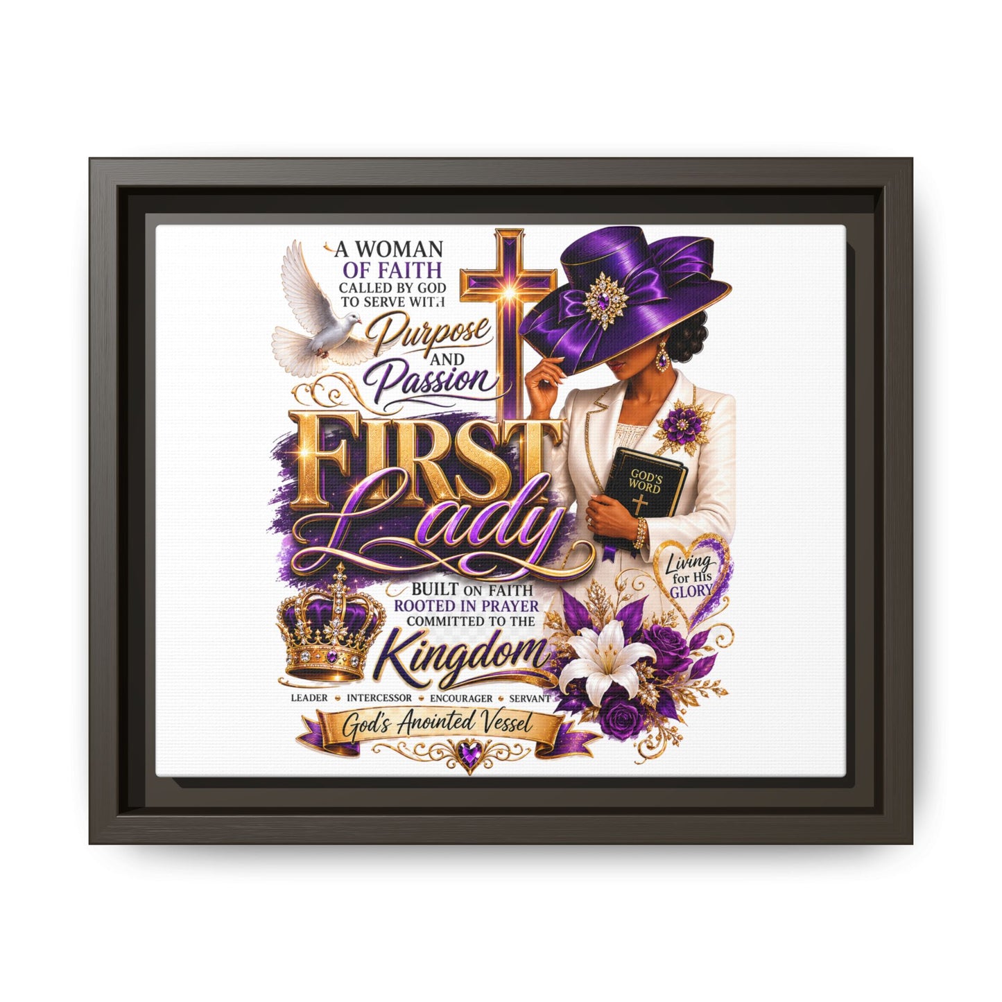 First Lady Faith Wall Art — Framed Matte Canvas (Purple & Gold)