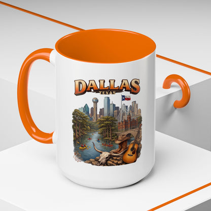 Dallas Skyline Accent Coffee Mug — Texas Souvenir Mug with Guitar & Cityscape