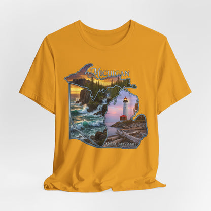Michigan Scenic Map T-Shirt — Great Lakes Lighthouse Sunset Tee